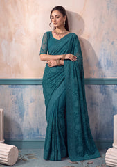 Formals - Fancy Closet - Georgette Embroidered Chiffon Saree - D#01 - Zink Green