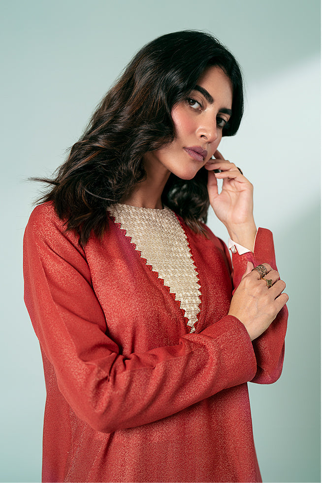 Pret Collection - Fozia Khalid - Basics Vol 3 - Rust Embroidered Kurta