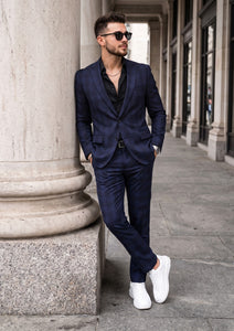 Holland & Sherry Selvage Check Wool Fabric - N Blue