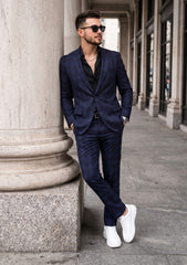 Holland & Sherry Selvage Check Wool Fabric - N Blue