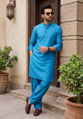 Elite Men Raw Silk Fabric  - Ferozi