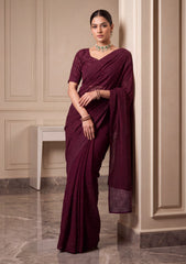 Formals - Fancy Closet - Georgette Embroidered Chiffon Saree - D#01 - Purple