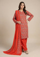 Winter - Riwaj - Printed Cotray Suit - Wool Shawl - D#05 - Red