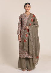 Winter - Riwaj - Printed Cotray Suit - Wool Shawl - D#10 - M Grey