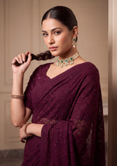 Formals - Fancy Closet - Georgette Embroidered Chiffon Saree - D#01 - Purple