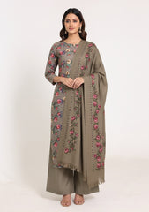 Winter - Riwaj - Printed Cotray Suit - Wool Shawl - D#09 - M Grey