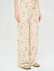 Pret - Moven - Floral Embroidered and Sequined Palazzo Pants with Elastic Waistband, Skin