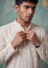 Elite Men China Boski Zari Embroidered Blue Selvage - Off White