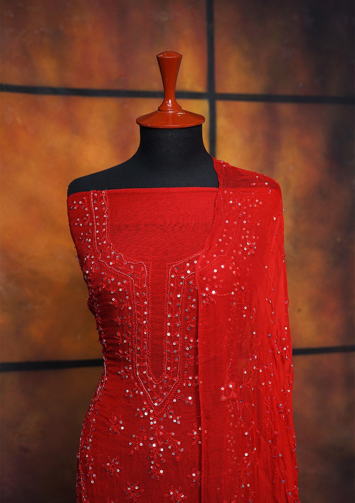 Winter Collection - Riwaj - Bamber Chikankari W/ Sequence Work - Red