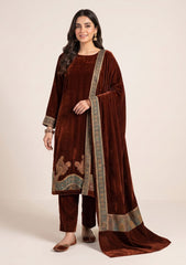 Winter - Riwaj - Velvet Jamawar Patch Work Suit - D#01 - Rust
