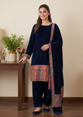 Winter - Riwaj - Velvet Jamawar Patch Work Suit - D#01 - N Blue