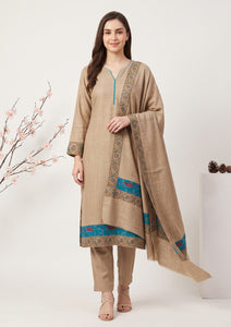 Winter - Riwaj - Pashmina Qalamkar Patch Work Suit - D#18 - Brown