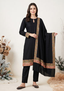 Winter - Riwaj - Pashmina Qalamkar Patch Work Suit - D#23 - Black