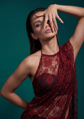 Formals - Chantilly Lace Saree - Maroon