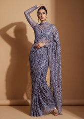 Fancy Chantilly Lace Saree - Lavender Grey