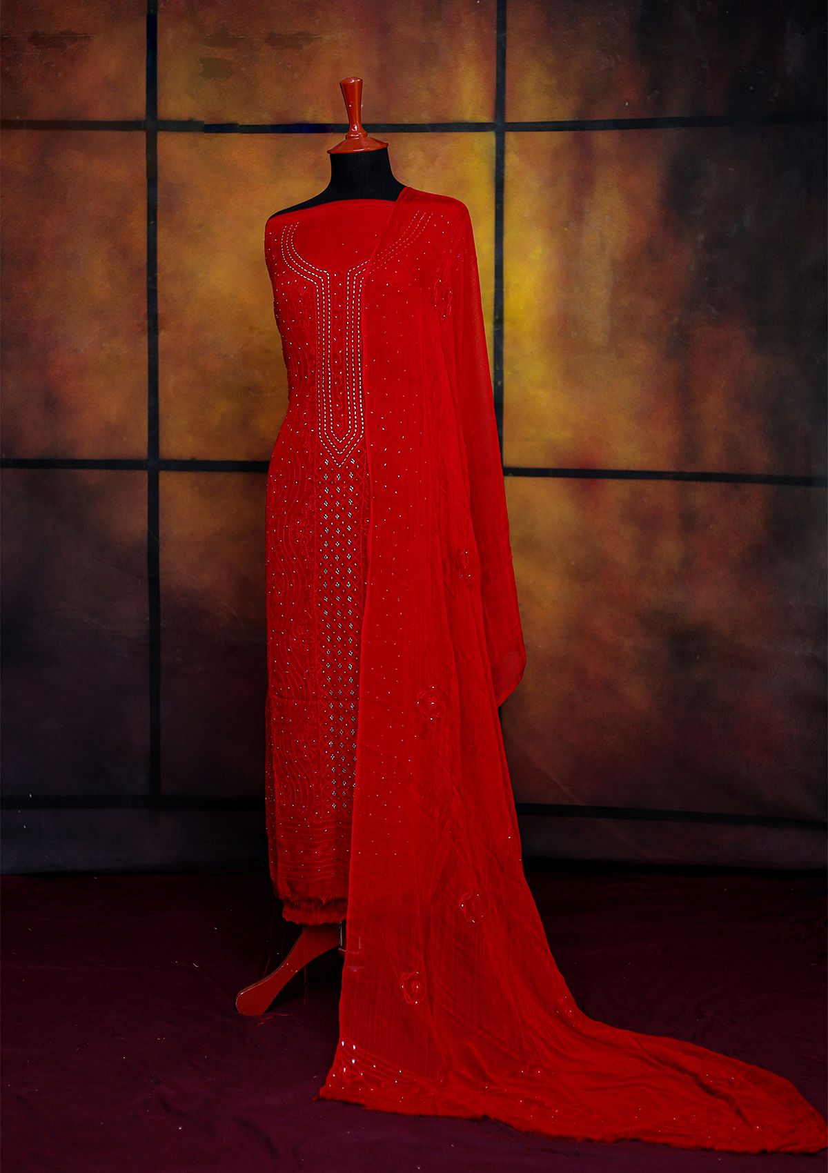 Winter Collection - Riwaj - Bamber Chikankari W/ Mukesh Work - D Red