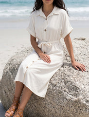 Pret - Moven - Indigo Tie Hemp Linen Shirtdress - Off White