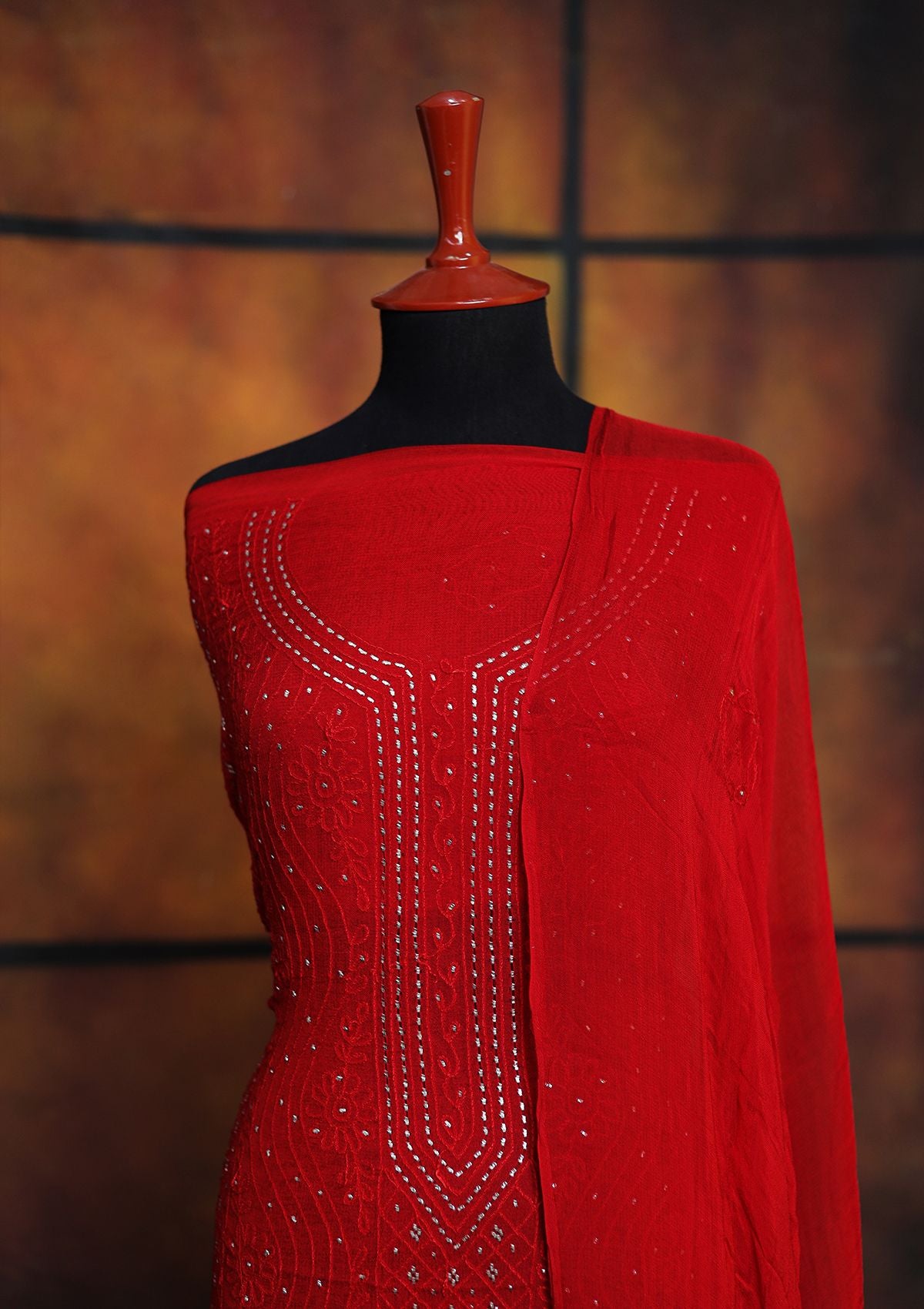 Winter Collection - Riwaj - Bamber Chikankari W/ Mukesh Work - D Red