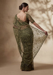 Formals - Chantilly Lace Saree - Mehndi Green