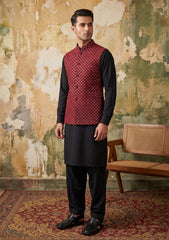 Elite Men Indian Silk Embroidered & Sequenced Unstitched Waistcoat Fabric - D#04 - Maroon