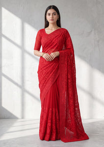 Formals - Fancy Closet - Georgette Embroidered Chiffon Saree - D#01 - Red