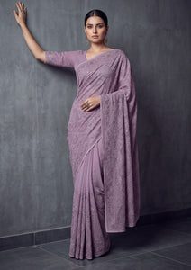 Formals - Fancy Closet - Georgette Embroidered Chiffon Saree - D#01 - Lilac