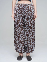 Pret - Moven - Leaf Patterned Viscose Women's Trousers with Elasticated Hem - Chocolate