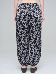 Pret - Moven - Leaf Patterned Elasticated Hem Viscose Women's Trousers - Black