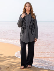 Pret - Moven - Shirt with Floral Embroidery and Stone Work Details - Black