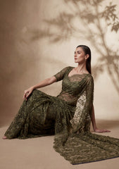 Formals - Chantilly Lace Saree - Mehndi Green