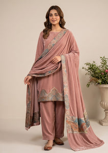 Winter - Riwaj - Velvet Jamawar Patch Work Suit - D#01 - T Pink