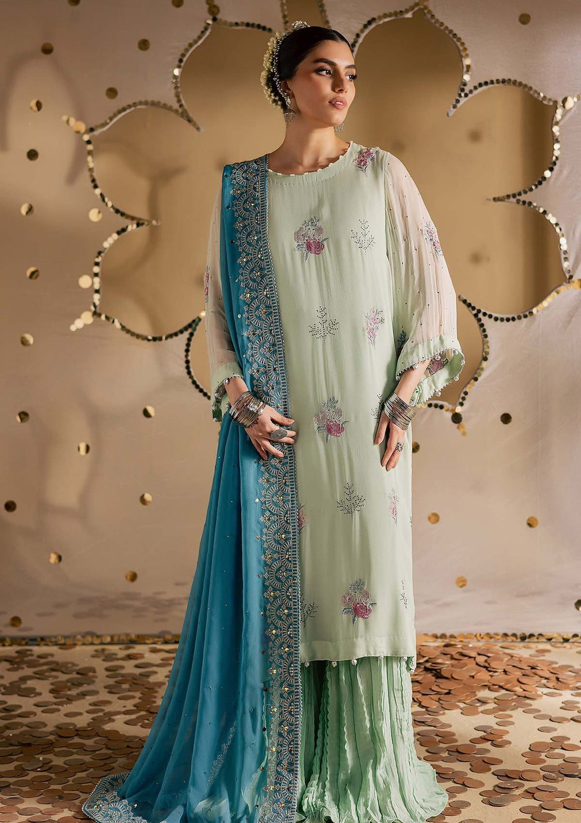 mukesh dresses designs 2018 White chiffon original mukesh work suit