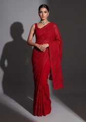 Formals - Fancy Closet - Georgette Embroidered Chiffon Saree - D#01 - Red