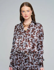 Pret - Moven - Leaf Patterned, Elastic Waist, Drapey Women's Shirt - Chocolate