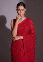 Formals - Fancy Closet - Georgette Embroidered Chiffon Saree - D#01 - Red