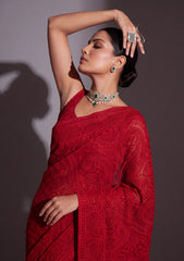 Formals - Fancy Closet - Georgette Embroidered Chiffon Saree - D#01 - Red