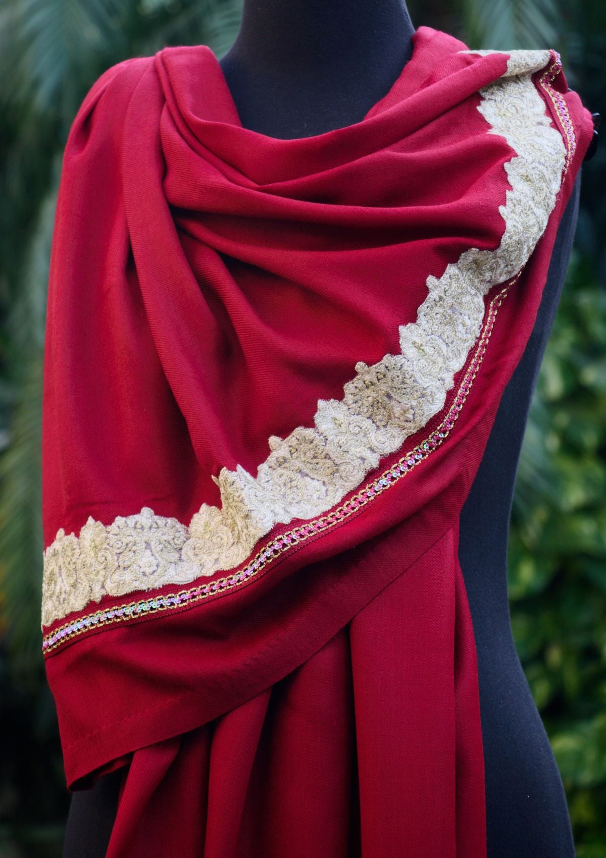 Shawl Collection - Sadias Collection - Pashmina Shawl - D#09 Maroon OffWhite Thick Emb