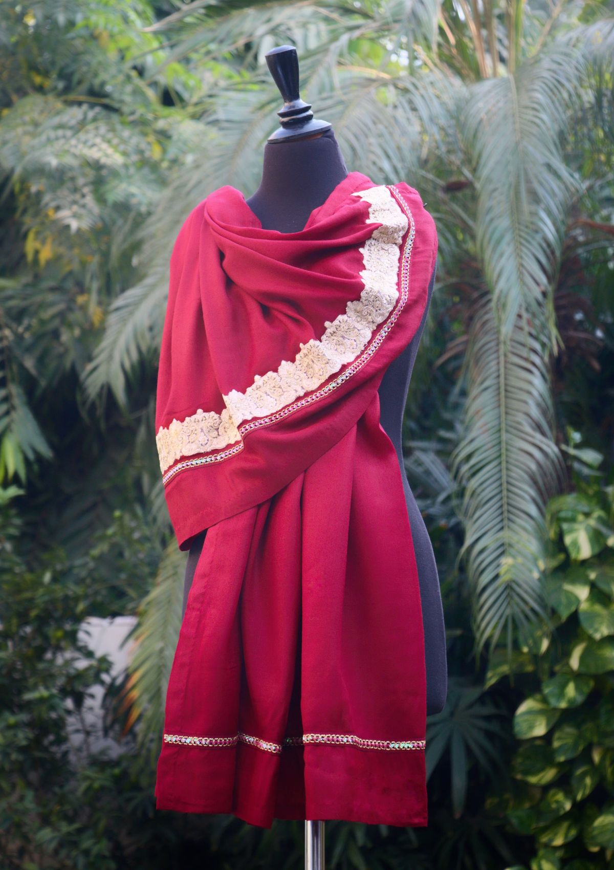 Shawl Collection - Sadias Collection - Pashmina Shawl - D#09 Maroon OffWhite Thick Emb