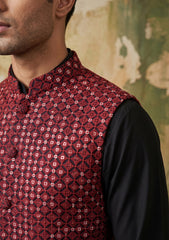 Elite Men Indian Silk Embroidered & Sequenced Unstitched Waistcoat Fabric - D#04 - Maroon