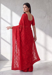 Formals - Fancy Closet - Georgette Embroidered Chiffon Saree - D#01 - Red