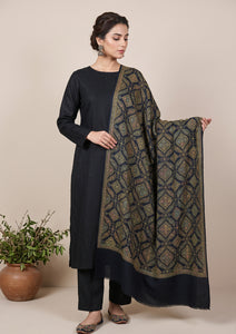 Winter - Riwaj - Pashmina Kashmiri Needle 3 Pcs Suit - D#01 - Black