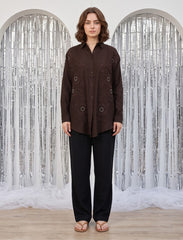 Pret - Moven - Shirt with Floral Embroidery and Stone Work Details - Chocolate