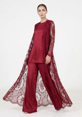 Fancy Chantilly Lace Saree - Burgundy