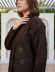 Pret - Moven - Shirt with Floral Embroidery and Stone Work Details - Chocolate