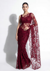 Fancy Chantilly Lace Saree - Burgundy