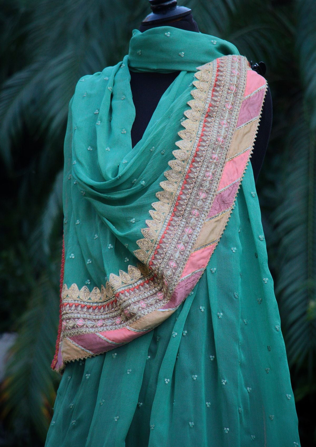 Shawl Collection - Sadias Collection - Chiffon Dupatta - D#02 Aqua Peach Pata Pati