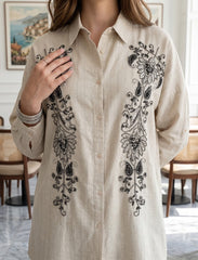 Pret - Moven - Oversize Shirt with Stone Work and Sequin Details - Beige