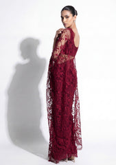 Fancy Chantilly Lace Saree - Burgundy