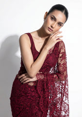 Fancy Chantilly Lace Saree - Burgundy