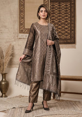 Winter - Fancy Silk Zari Jamawar - 3 Pcs Suit - D#13 - Brown